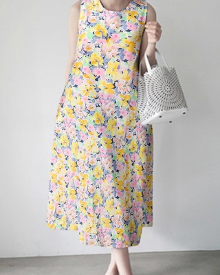 Calico Sleeveless Round Neck Print Dress