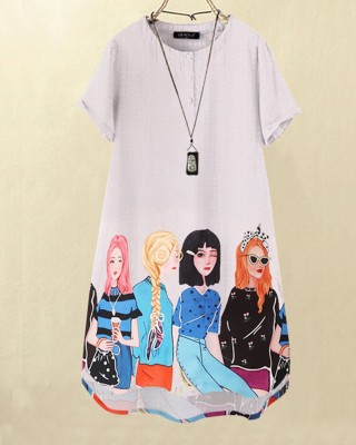 Cartoon Girls Graphic Pocket Short Sleeve Button Dress